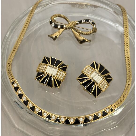 Vintage Givenchy Black Enamel/Rhinestones/Gold Necklace/Earrings/Pin SET - Picture 1 of 7